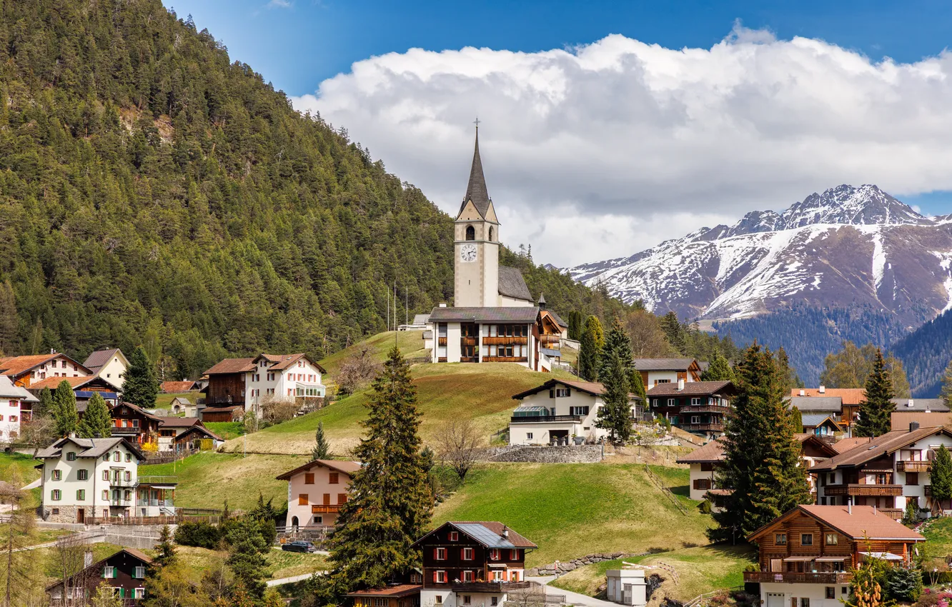 Photo wallpaper clouds, mountains, building, Switzerland, Church