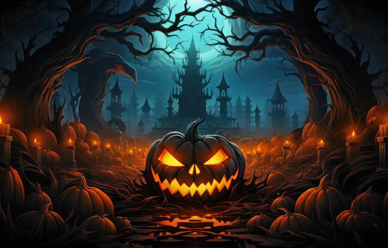 Photo wallpaper trees, night, castle, fear, the moon, candles, pumpkin, horror