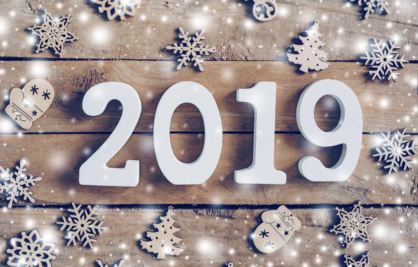 Photo wallpaper winter, trees, snowflakes, Board, new year, figures, wood, winter