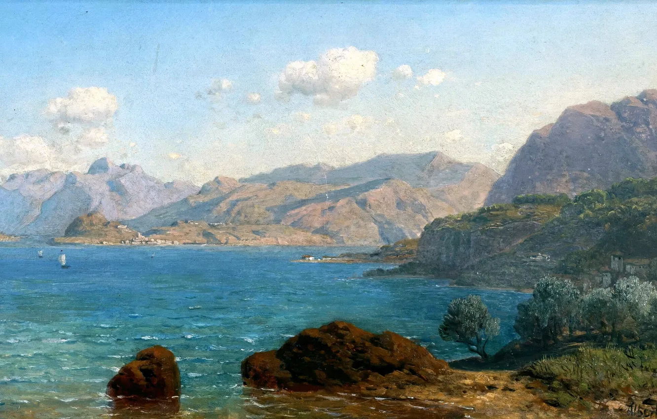 Photo wallpaper sea, trees, mountains, boat, picture, German artist, I look, Albert August Zimmermann