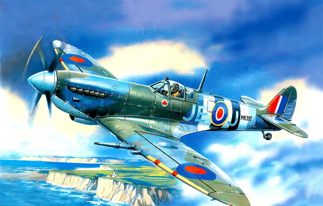 Photo wallpaper sea, the sky, shore, lighthouse, fighter, art, British, single-engine