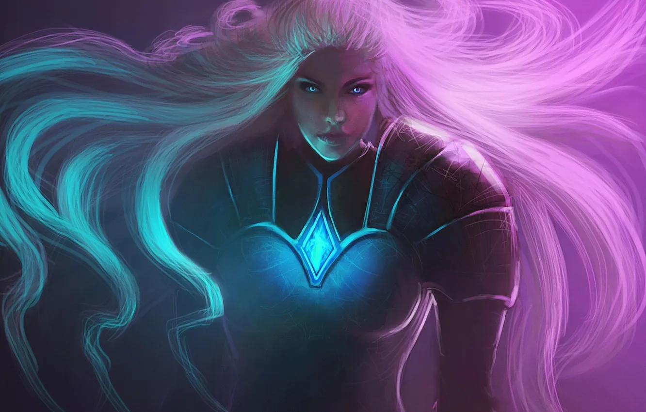 Photo wallpaper girl, hair, glow, armor, art, crystals, Saphyrrae
