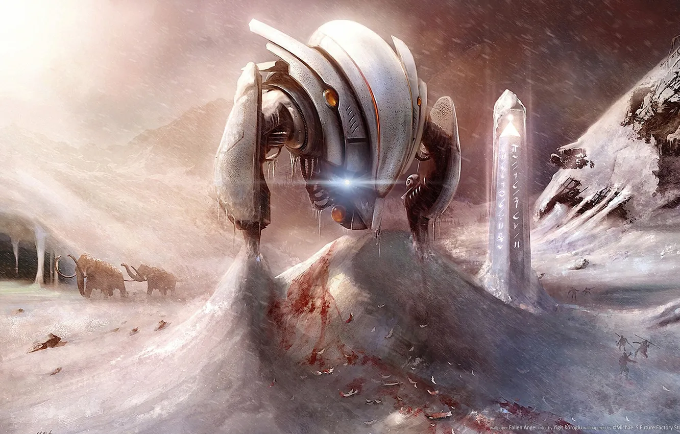 Photo wallpaper artifact, people, mammoth