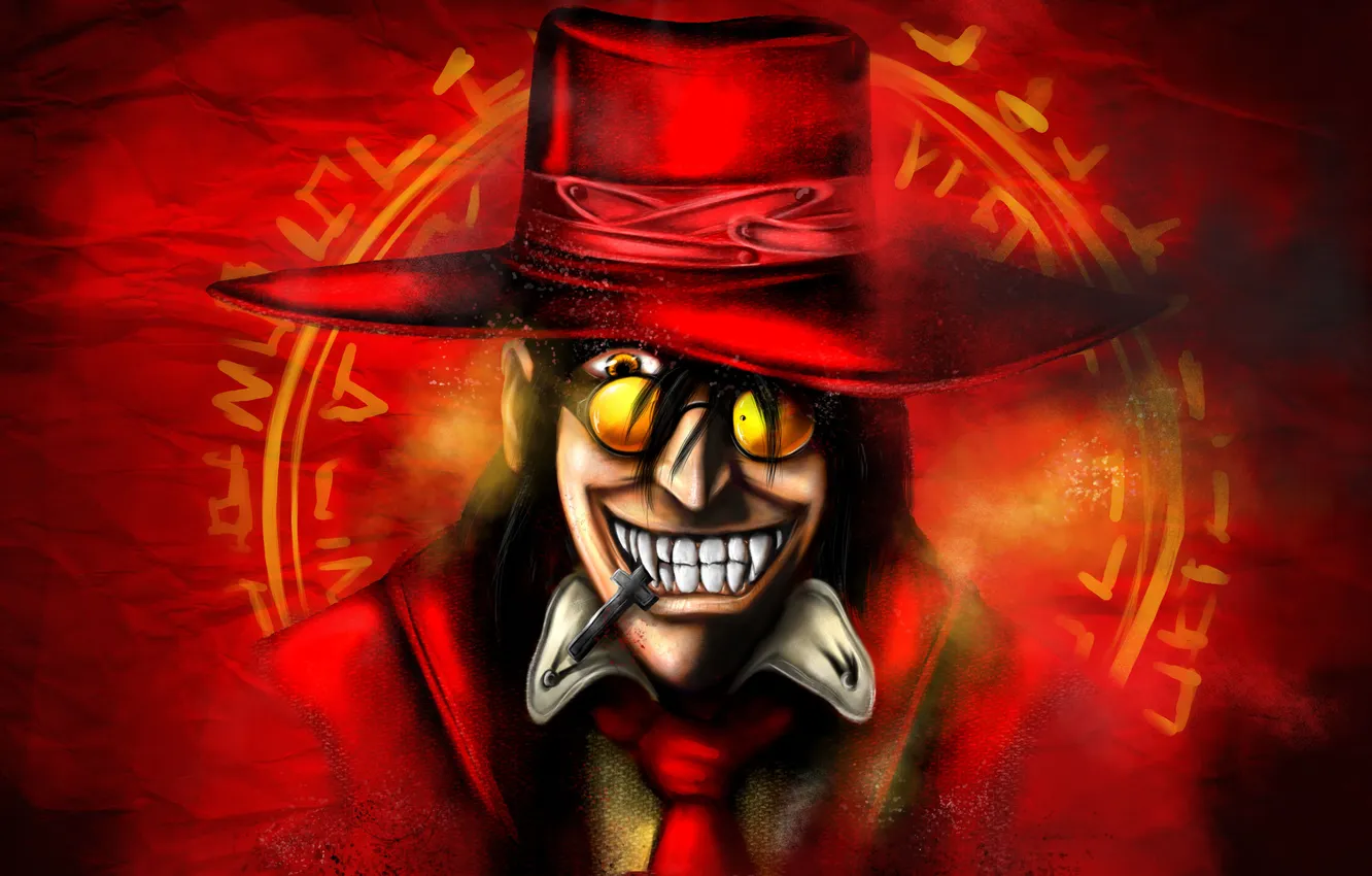 Photo wallpaper cross, hat, glasses, fangs, grin, vampire, Alucard, Hellsing