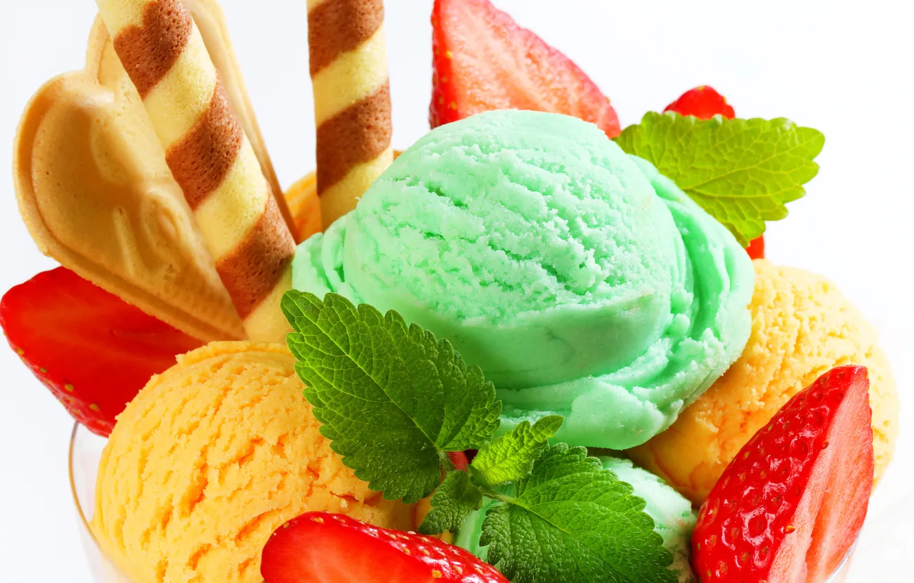 Photo wallpaper strawberry, ice cream, mint, dessert, sweet, sweet, strawberry, dessert