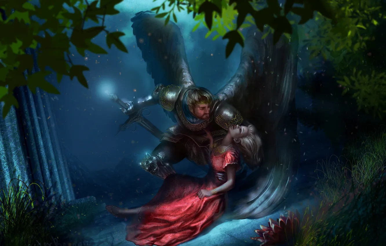 Photo wallpaper forest, wings, sword, murder, fantasy, sword, fantasy, knight