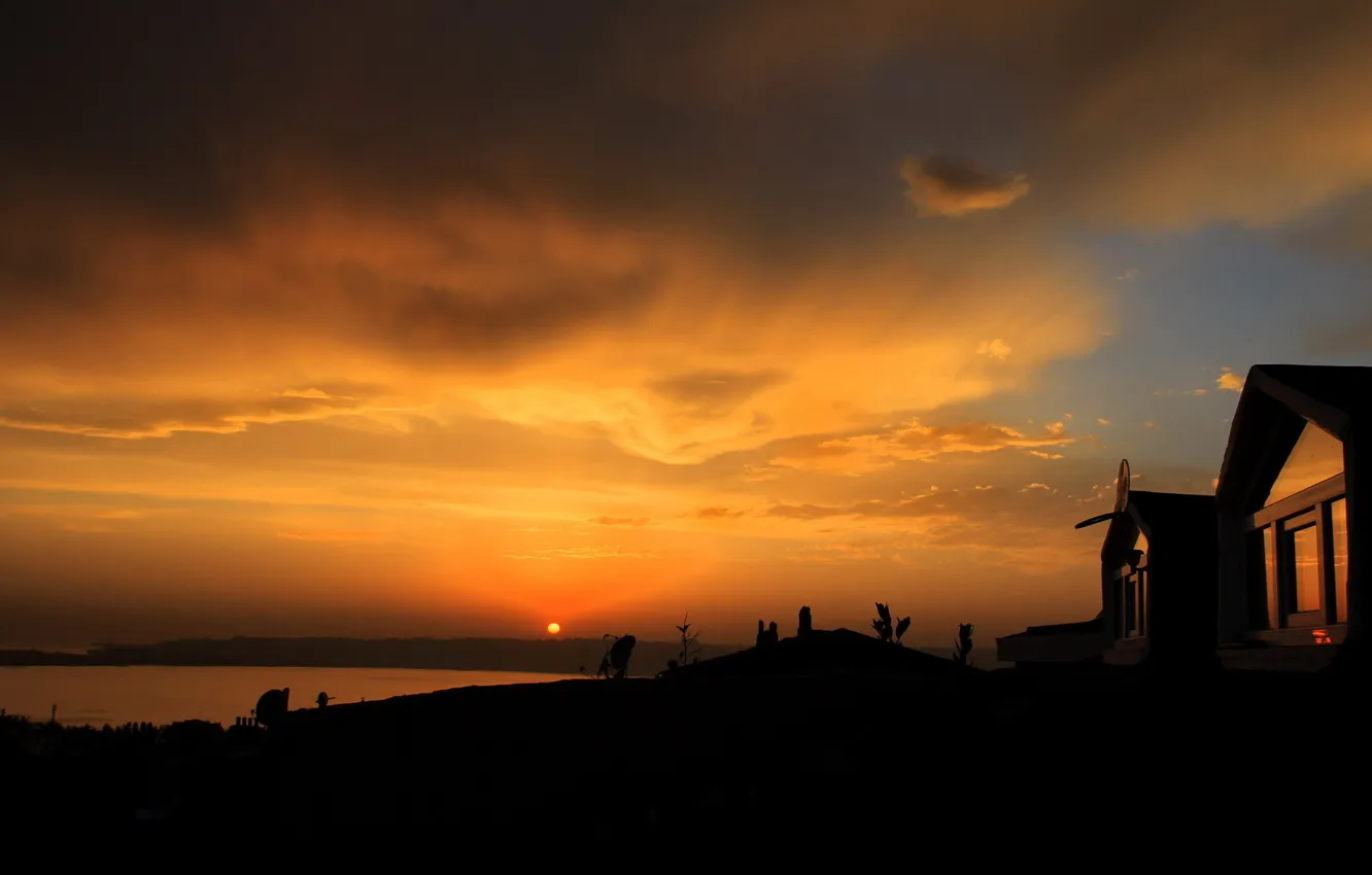 Photo wallpaper the sky, the sun, clouds, sunset, river, horizon, house