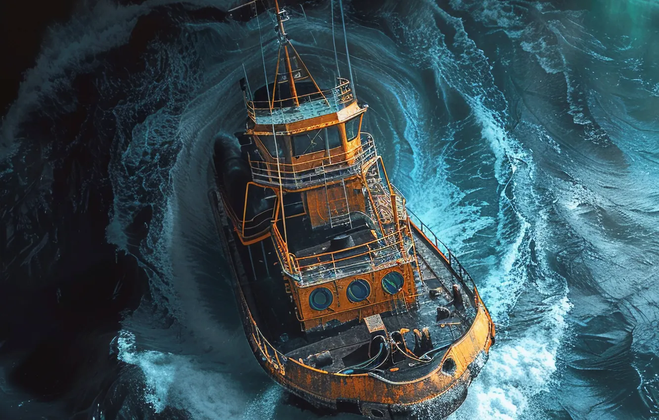 Photo wallpaper sea, wave, water, ship, whirlpool, digital art, AI art, The Art of Artificial Intelligence