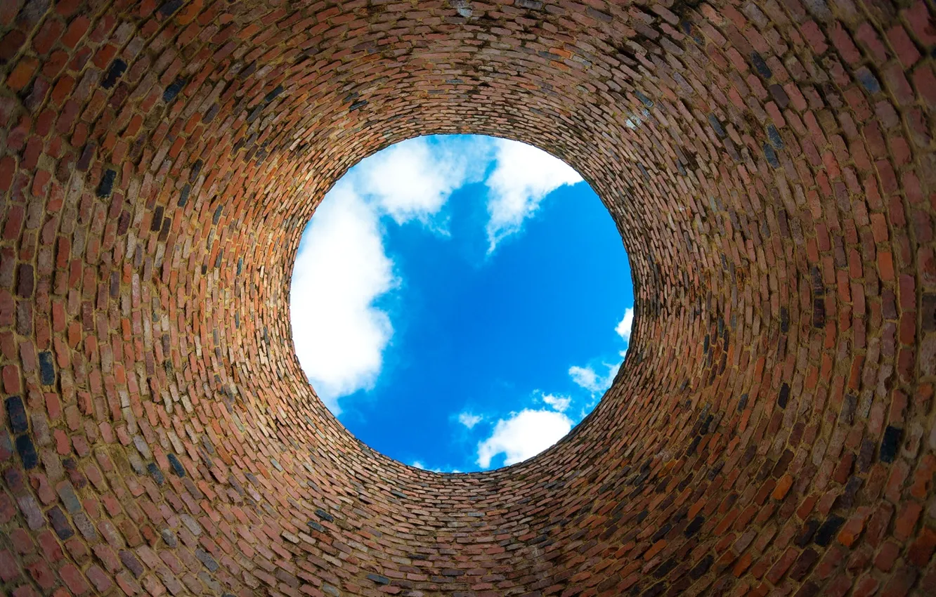 Photo wallpaper wall, sky, blue, bricks, clouds, effect