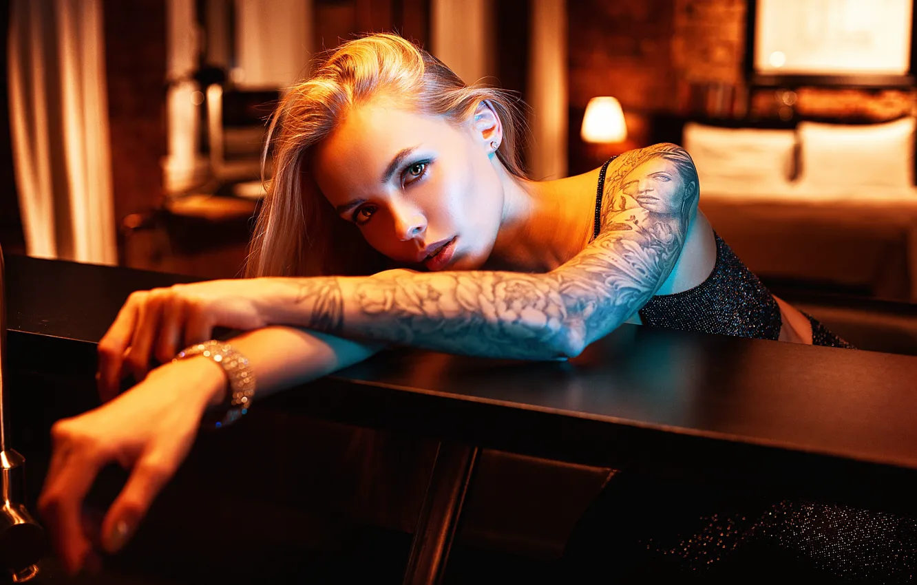 Photo wallpaper look, pose, Girl, hands, tattoo, blonde, Vlad Popov, Sasha Tale