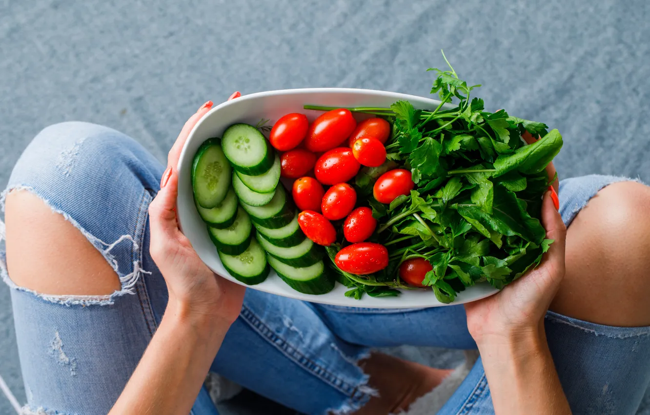 Photo wallpaper feet, jeans, hole, vegetables, tomatoes, cucumbers