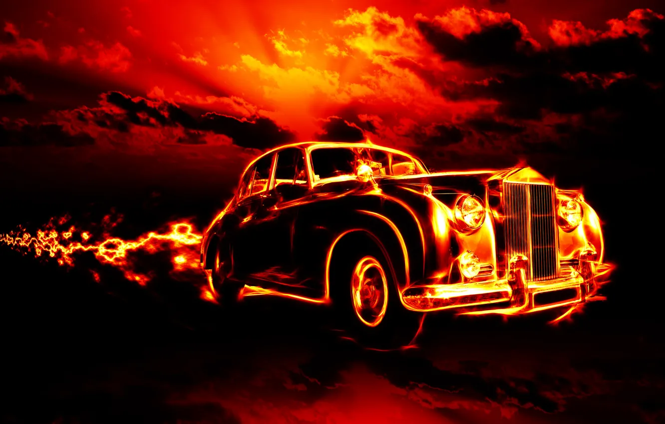 Photo wallpaper car, clouds, machine, city, city, fire, flame, fire