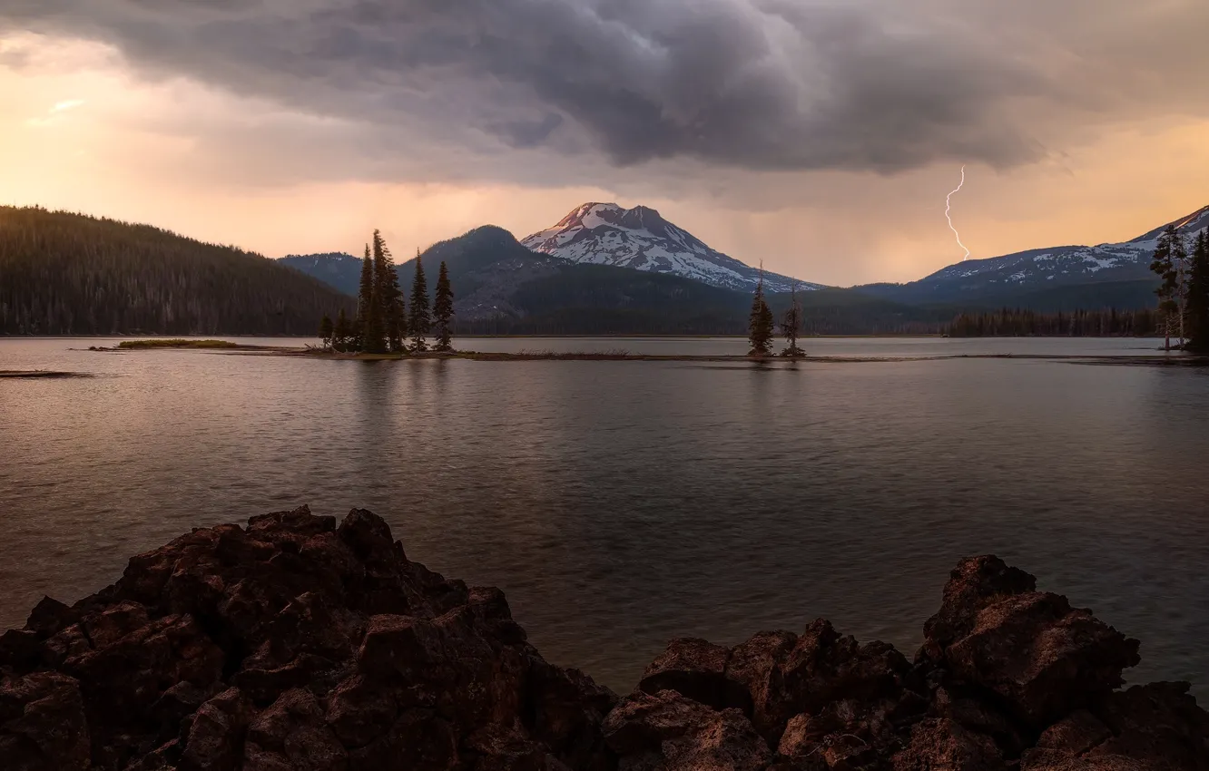 Photo wallpaper the storm, forest, clouds, snow, mountains, clouds, lake, stones