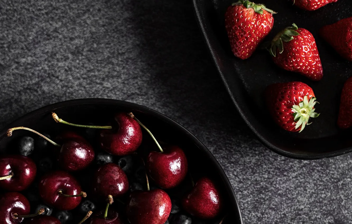 Photo wallpaper cherry, berries, blueberries, strawberry, bowl
