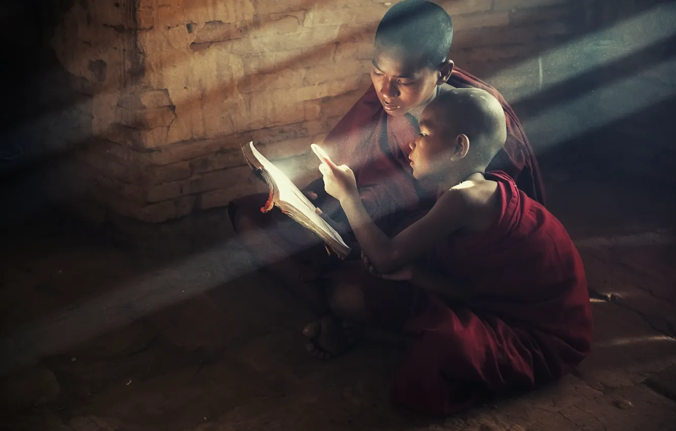 Photo wallpaper light, children, monk, book, Saint, reads, book, children
