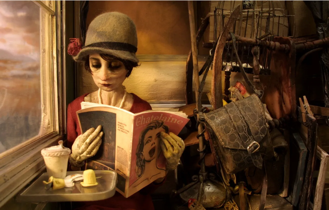 Photo wallpaper girl, cartoon, hat, window, bag, journal, brown, effect it