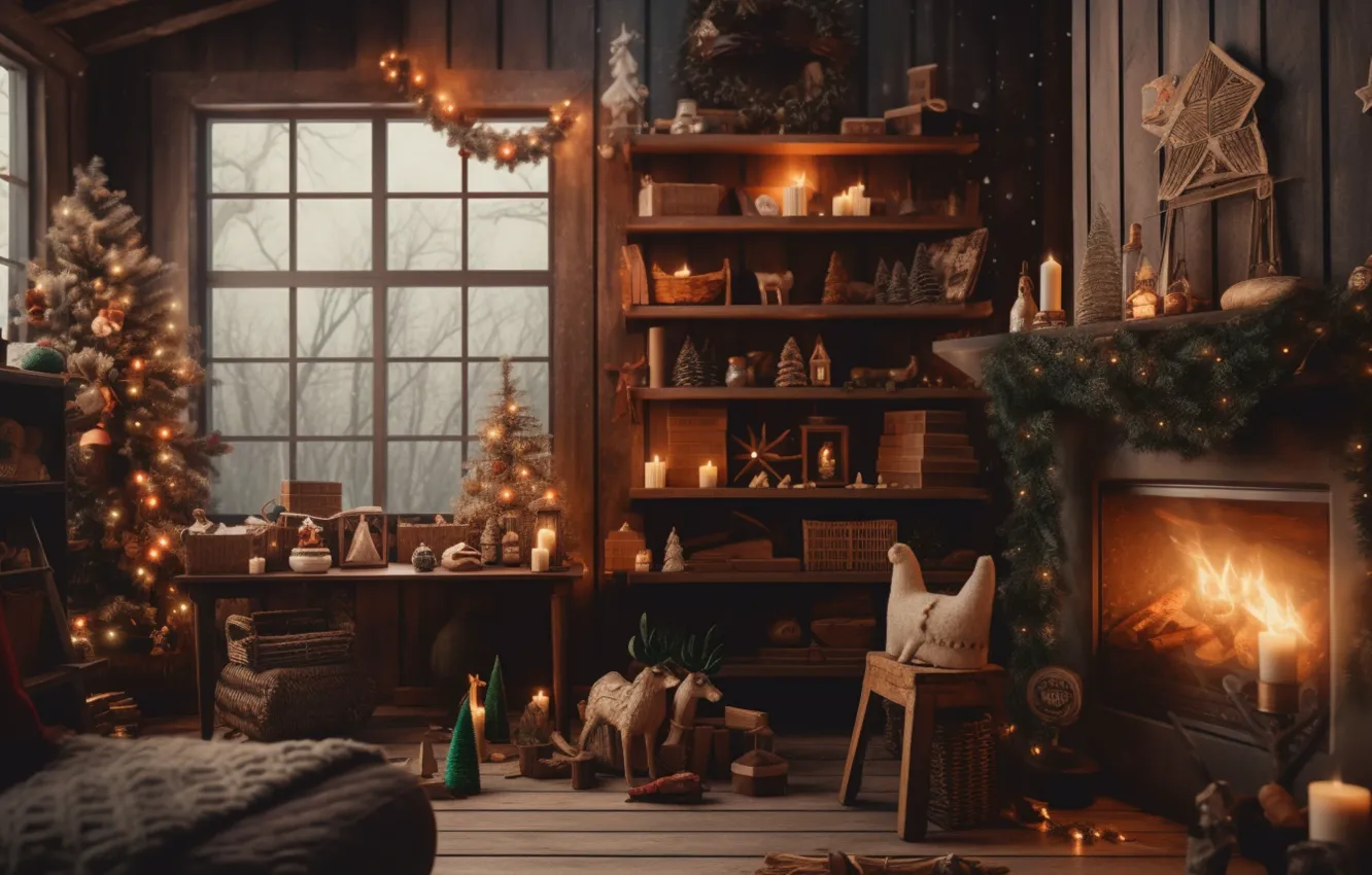 Photo wallpaper comfort, heat, room, furniture, new year, interior, pillow, candles