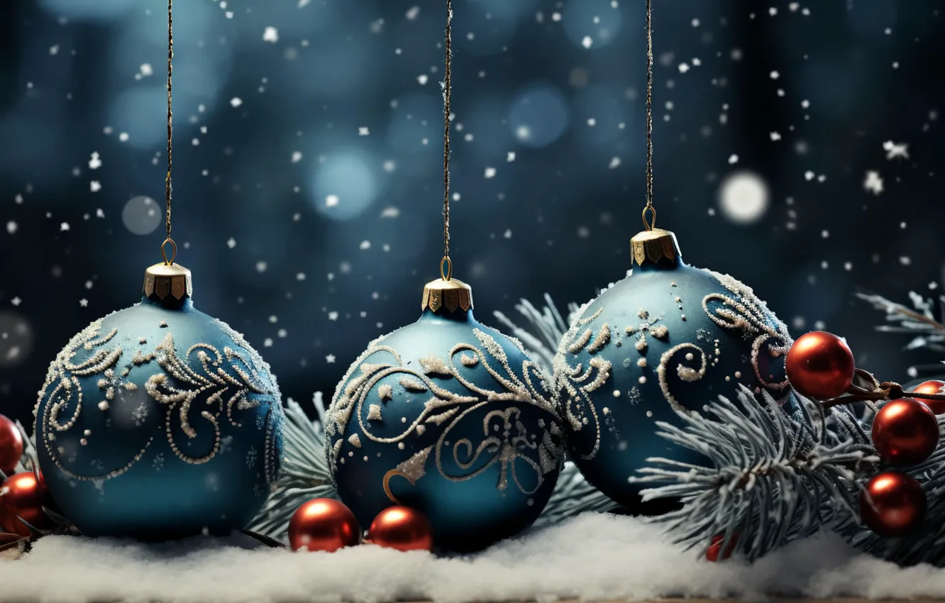 Photo wallpaper balls, branches, new year, Christmas, needles, blue background, Christmas decorations, Christmas decorations