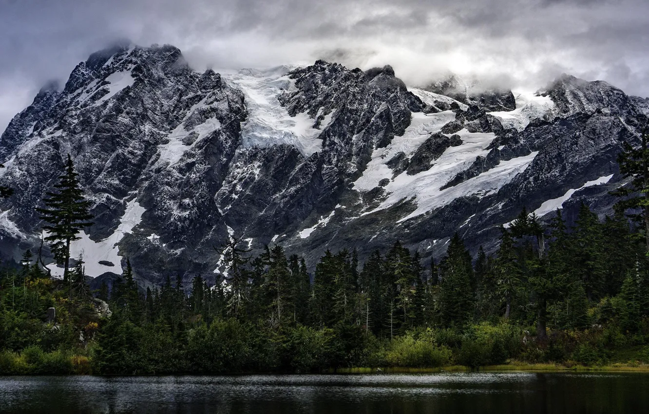 Photo wallpaper the sky, clouds, snow, trees, mountains, clouds, nature, river