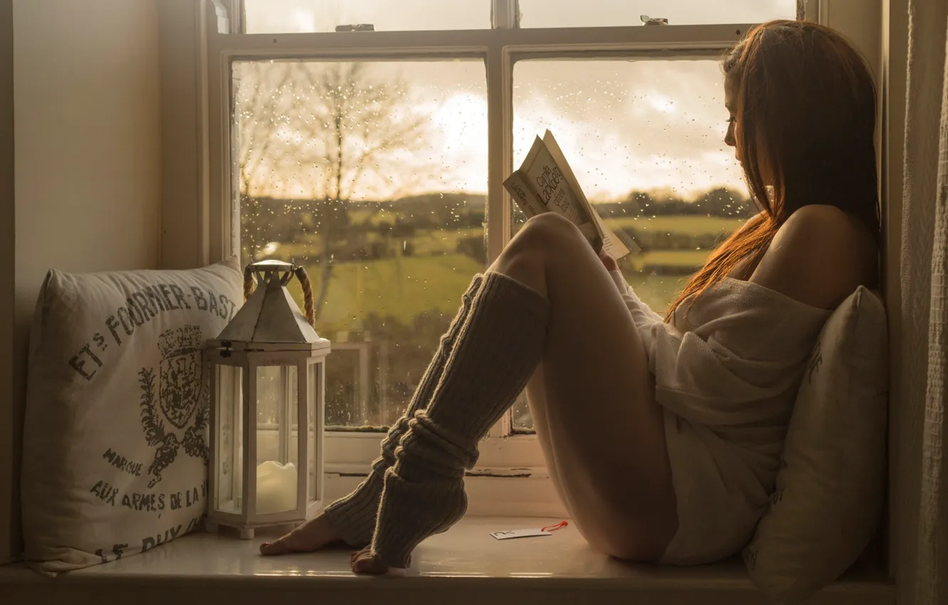 Photo wallpaper girl, window, book, Relax, reading
