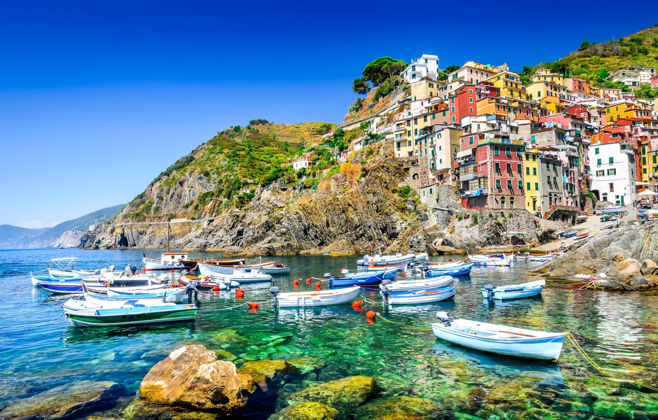 Photo wallpaper sea, rocks, coast, Villa, boats, Italy, houses, Riomaggiore
