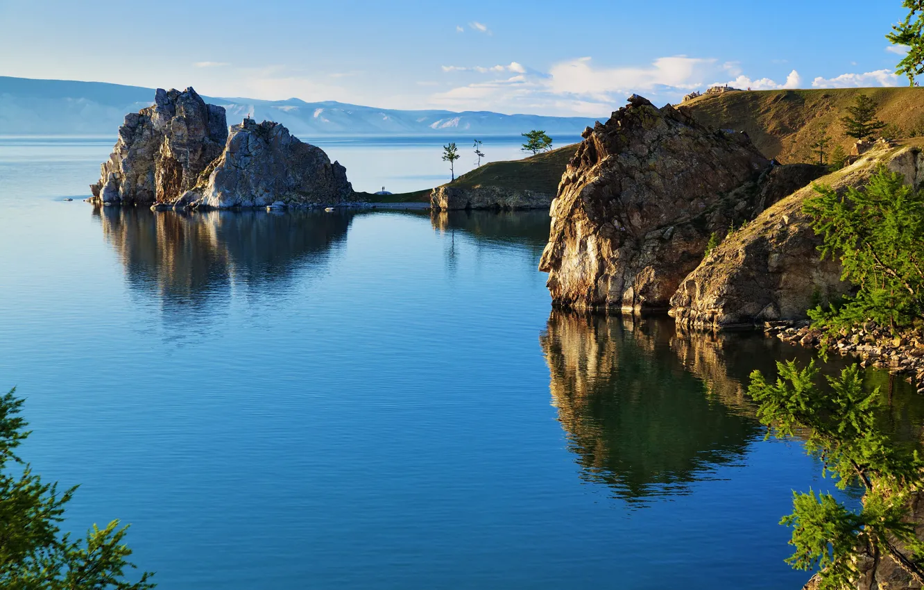 Photo wallpaper lake, stones, rocks, shore, view, Baikal, Russia, Baikal