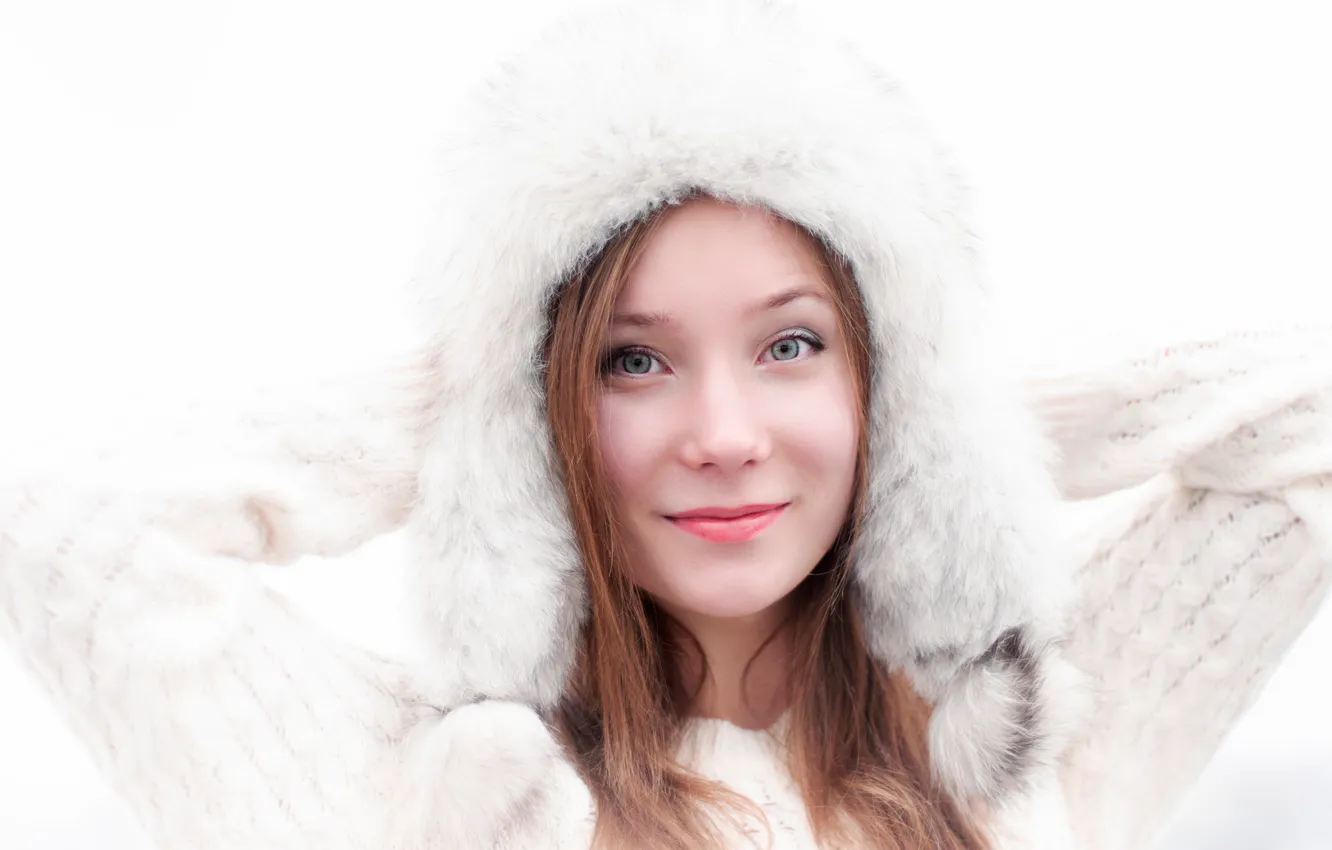 Photo wallpaper look, girl, face, pose, hat, portrait, makeup, white background