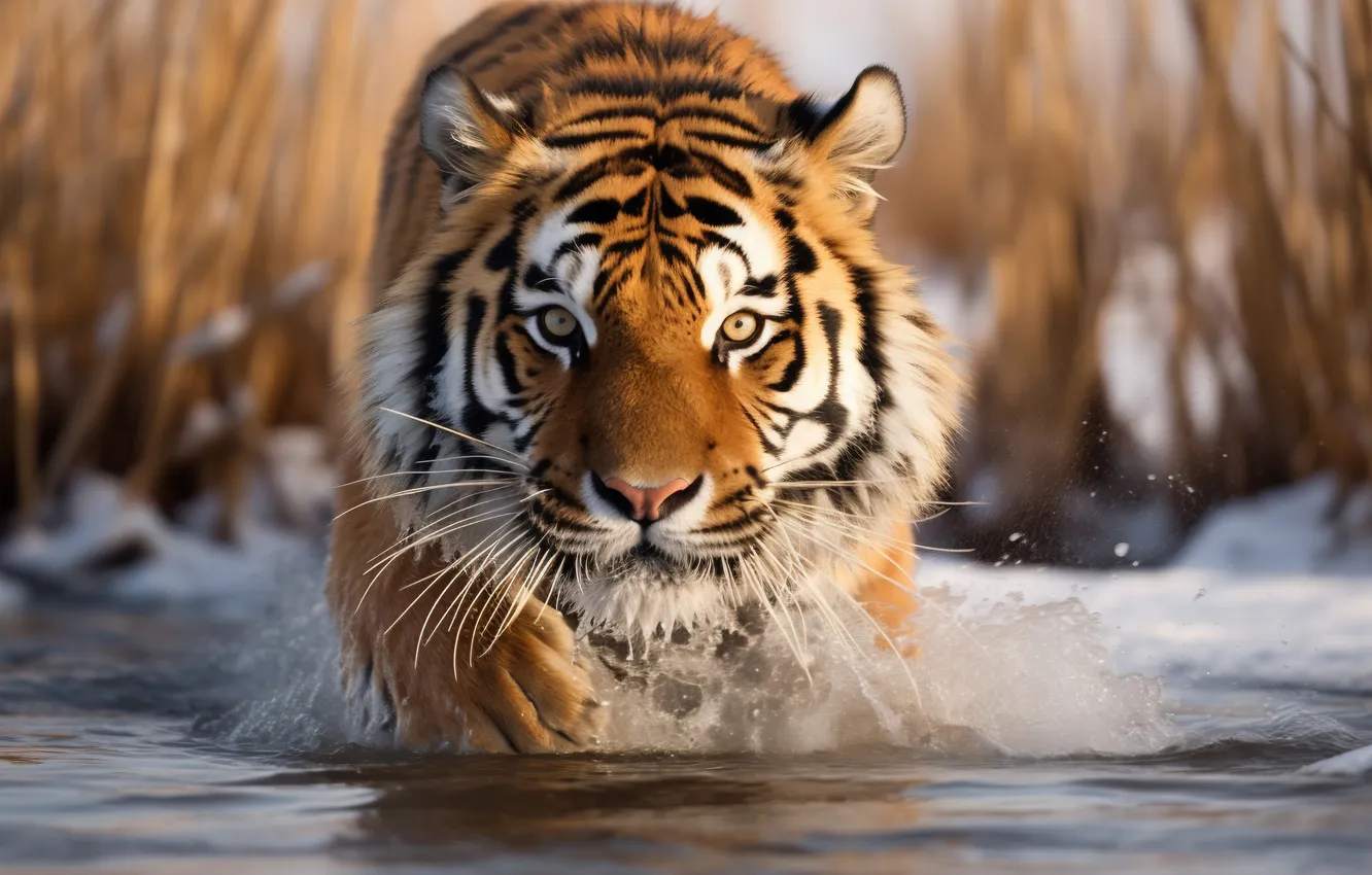 Photo wallpaper look, face, water, tiger, predator, reed, big cat, digital art