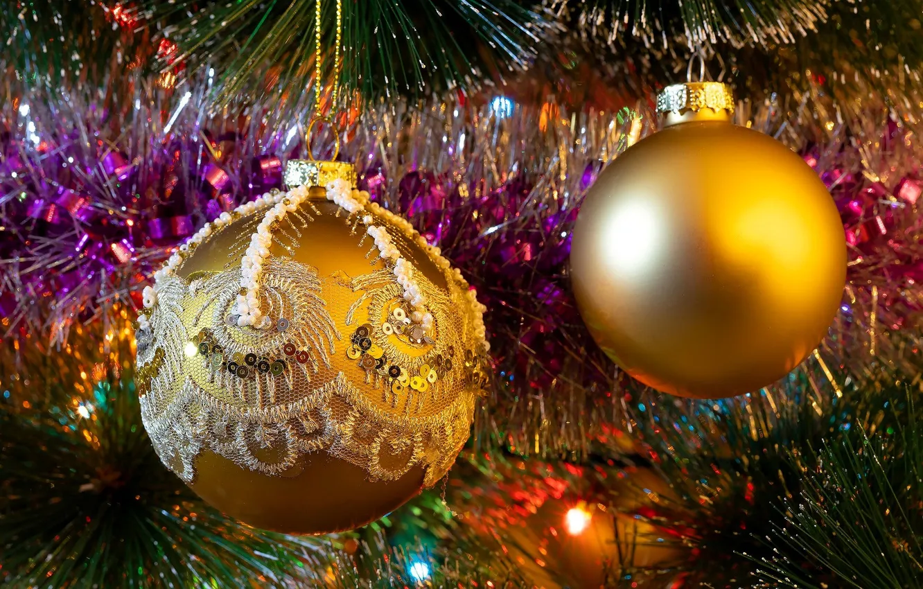 Photo wallpaper balls, decoration, tree, tinsel