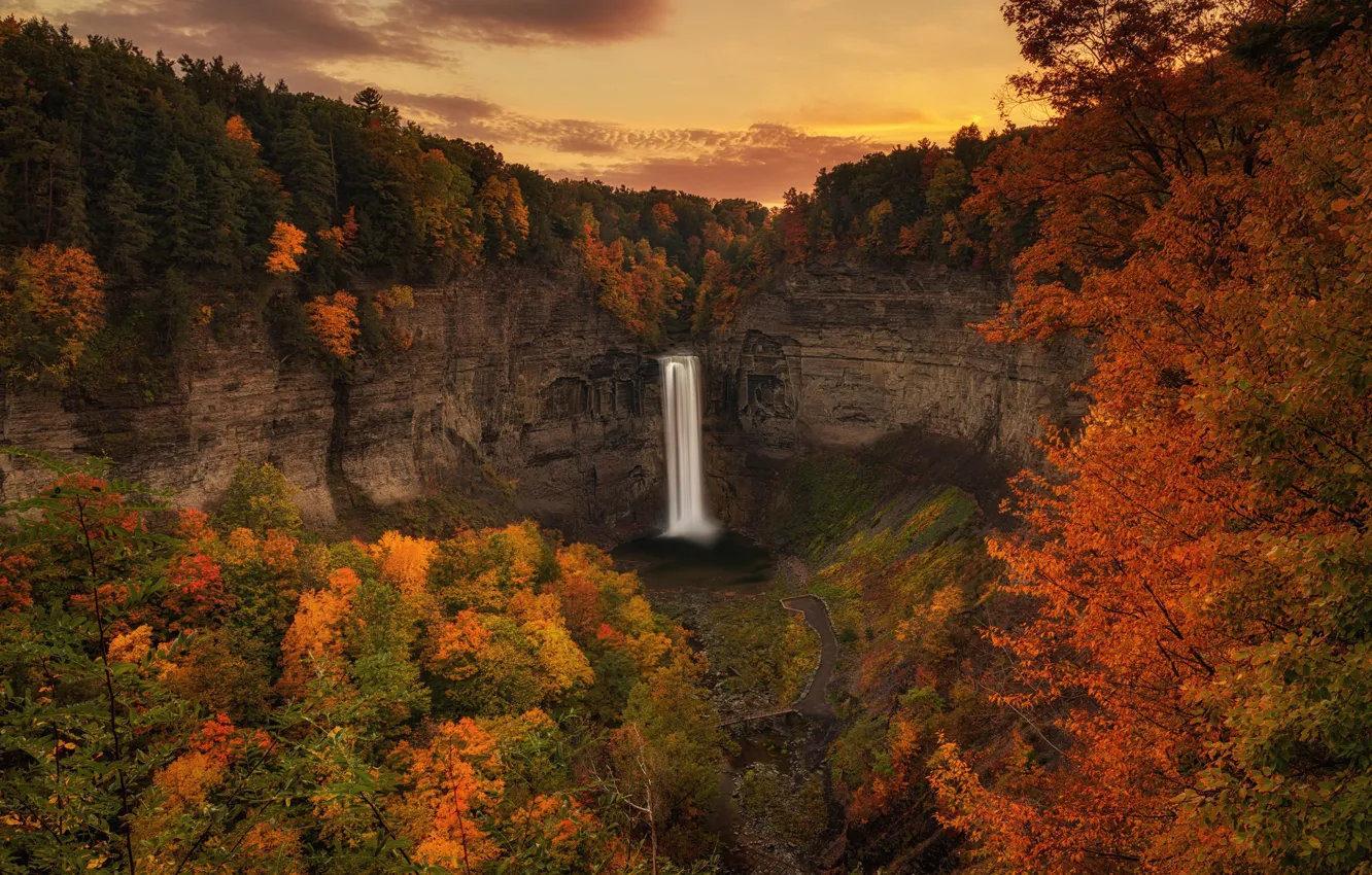Photo wallpaper forest, twilight, river, sunset, autumn, waterfall, dusk, autumn colors