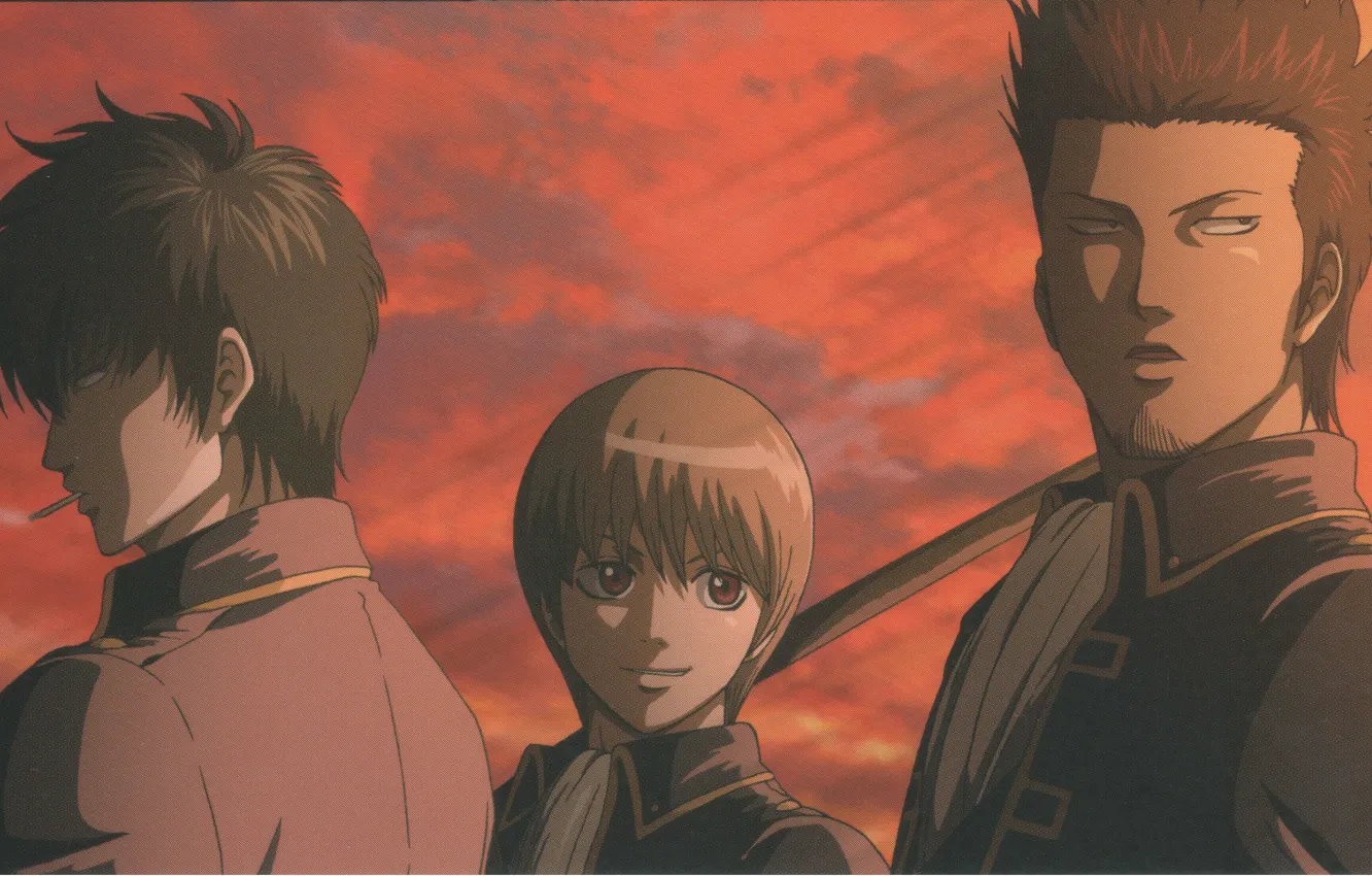 Photo wallpaper look, sunset, katana, cigarette, form, guy, grin, three