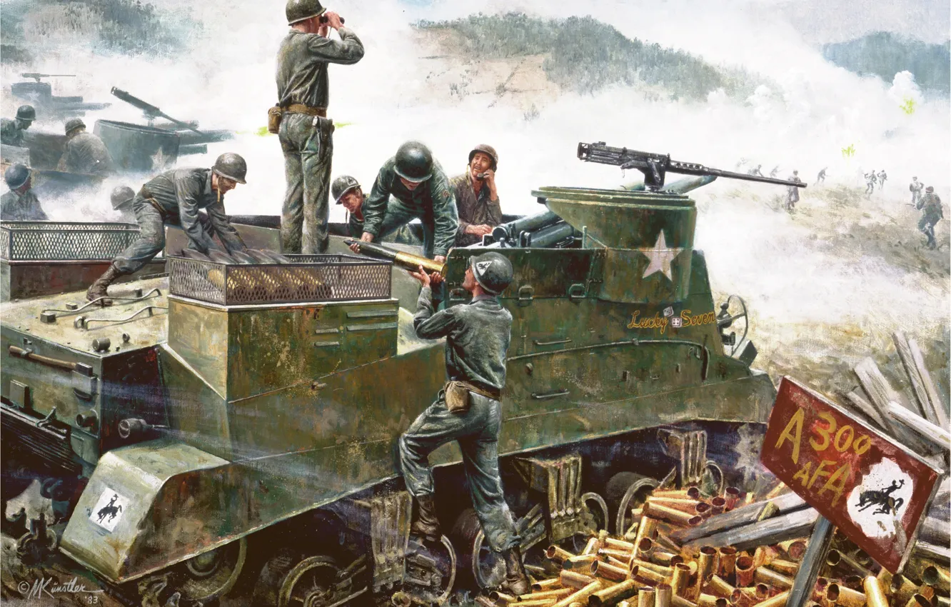 Photo wallpaper figure, art, American, South Korea, M. Kunstler., firing position, Hongchon, May 18, 1951