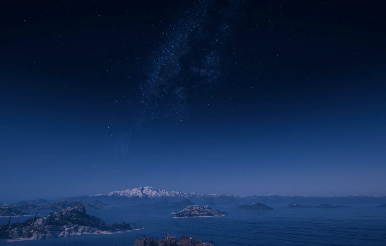 Photo wallpaper sea, the sky, stars, mountains, Assasins Creed