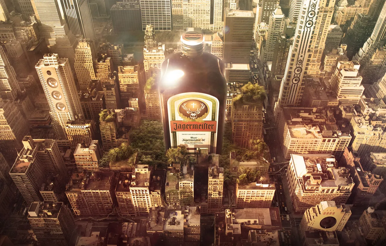 Photo wallpaper the city, bottle, alcohol, huntsman, liqueur, Jägermeister, Jagermeister
