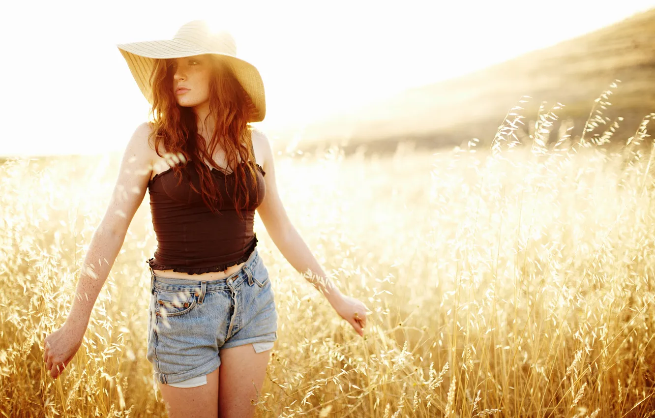 Photo wallpaper grass, girl, nature, hat, redhead, Danielle