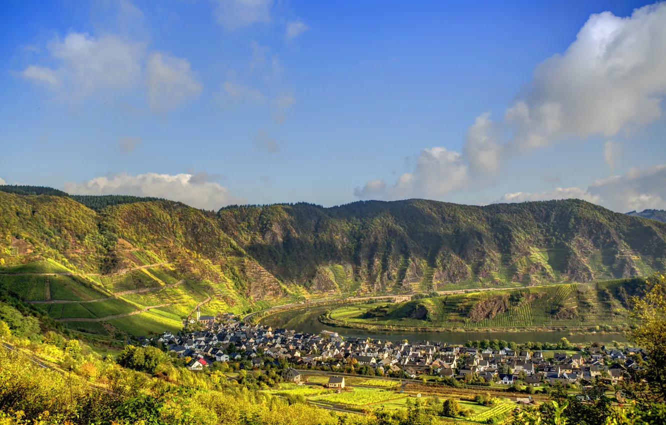 Photo wallpaper landscape, mountains, the city, Germany, town, Germany, river.