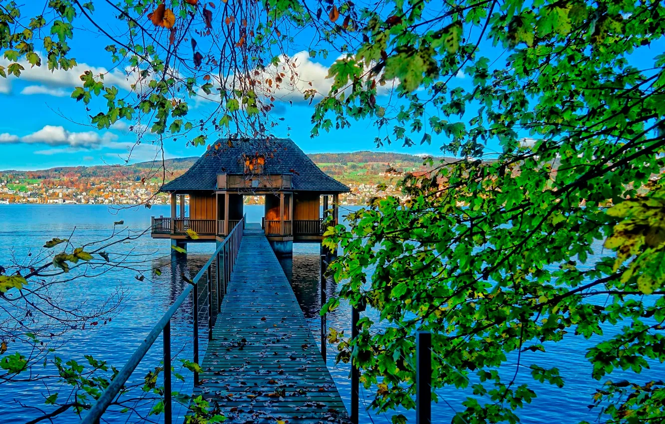 Photo wallpaper leaves, nature, lake, boathouse