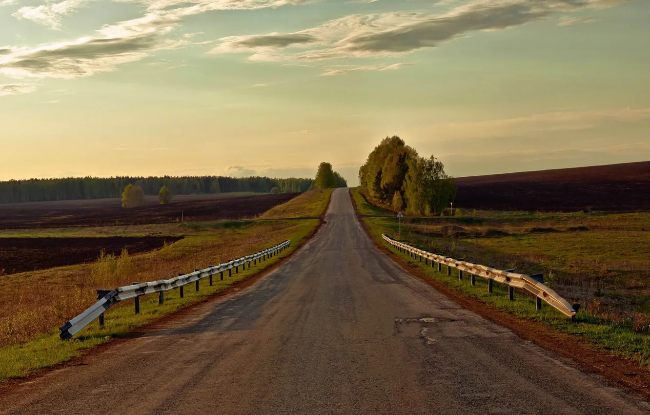 Photo wallpaper road, field, forest, clouds, landscape, nature, sign, Wallpaper