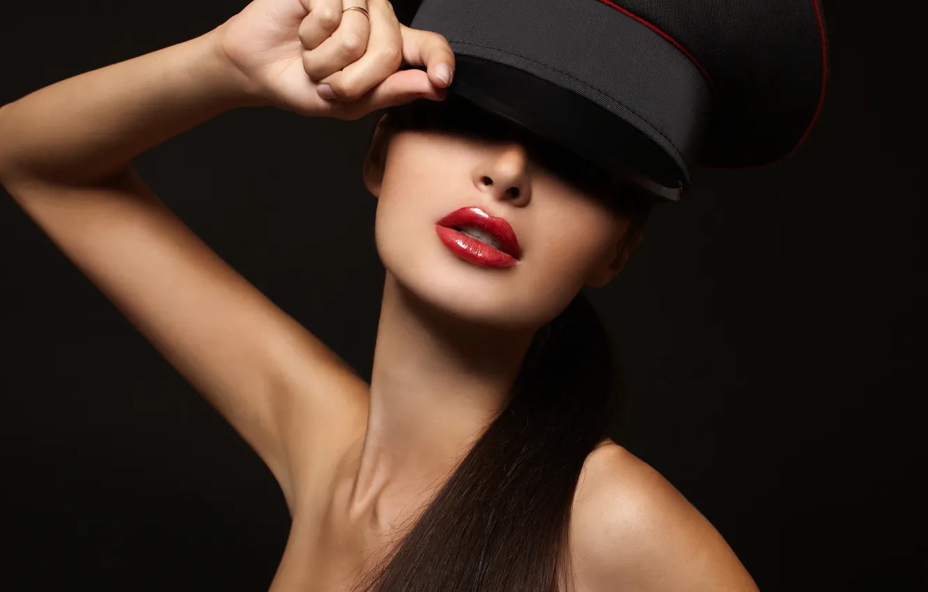 Photo wallpaper girl, model, hair, lipstick, black background, shoulders, red lips, face. hand