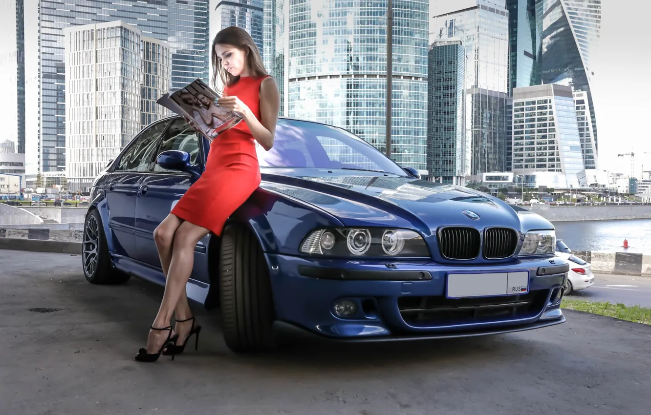 Photo wallpaper auto, the city, Girls, BMW, journal, beautiful girl, posing on the car