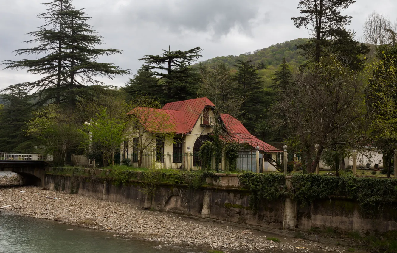 Photo wallpaper the sky, trees, clouds, house, overcast, the building, Russia, river