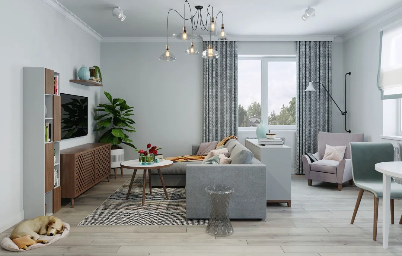 Photo wallpaper design, style, interior, living room, cozy, dining room