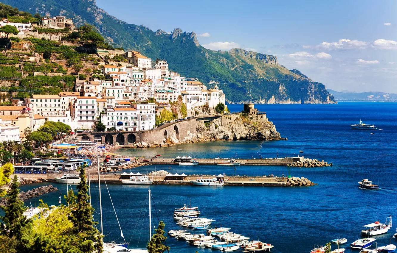 Photo wallpaper sea, mountains, rocks, coast, home, yacht, boat, Italy