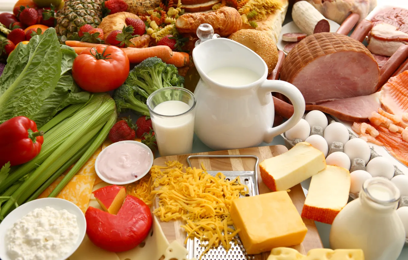 Photo wallpaper eggs, fish, cheese, milk, strawberry, pepper, fruit, vegetables