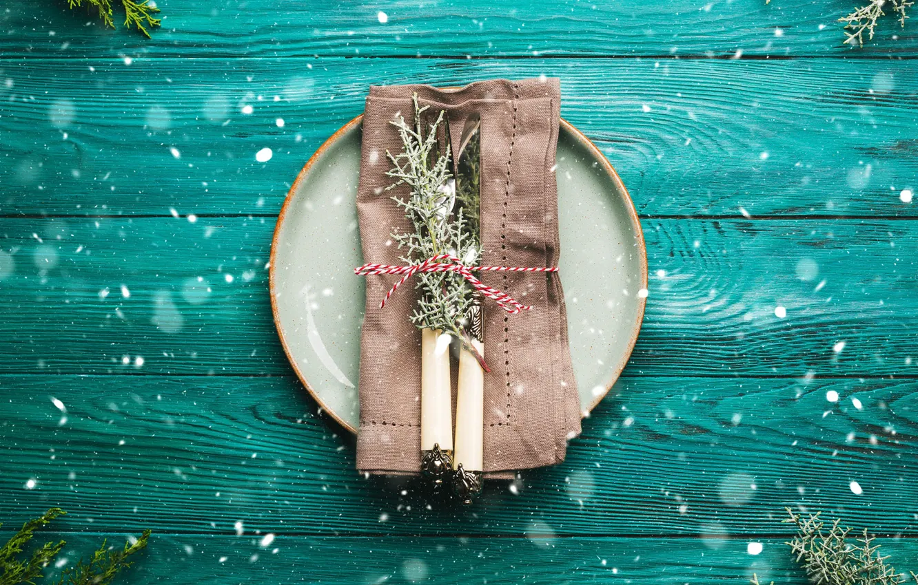 Photo wallpaper snow, branches, holiday, Board, new year, plate, Christmas, knife
