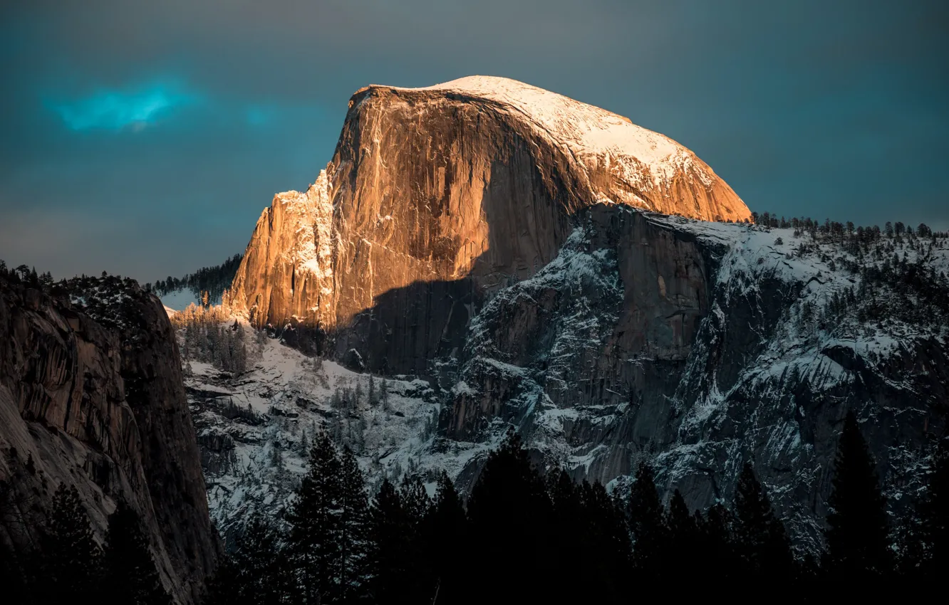 Photo wallpaper winter, snow, trees, mountains, nature, rocks, the evening, USA