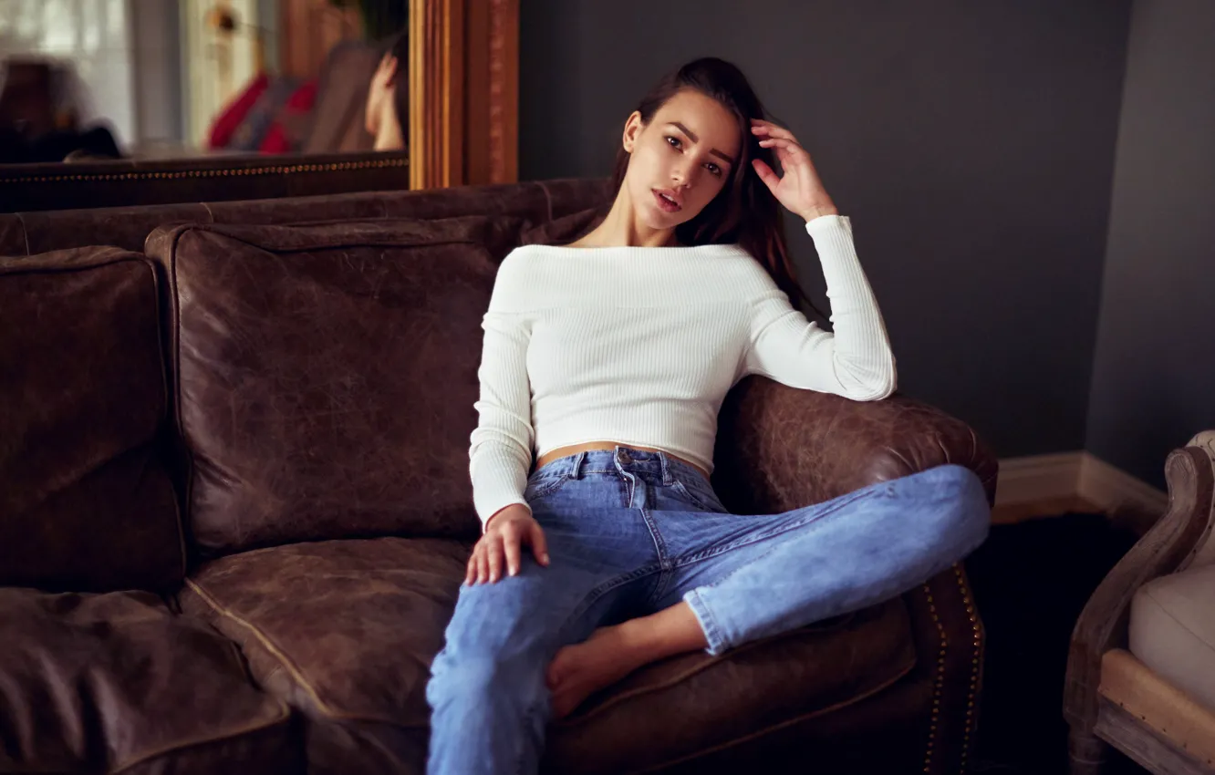 Photo wallpaper chest, look, girl, hair, jeans, sitting, Cyril Rogozhkin, Roza Royce