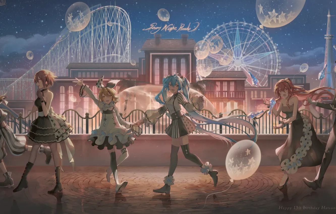 Photo wallpaper night, Vocaloid, balloons, amusement Park