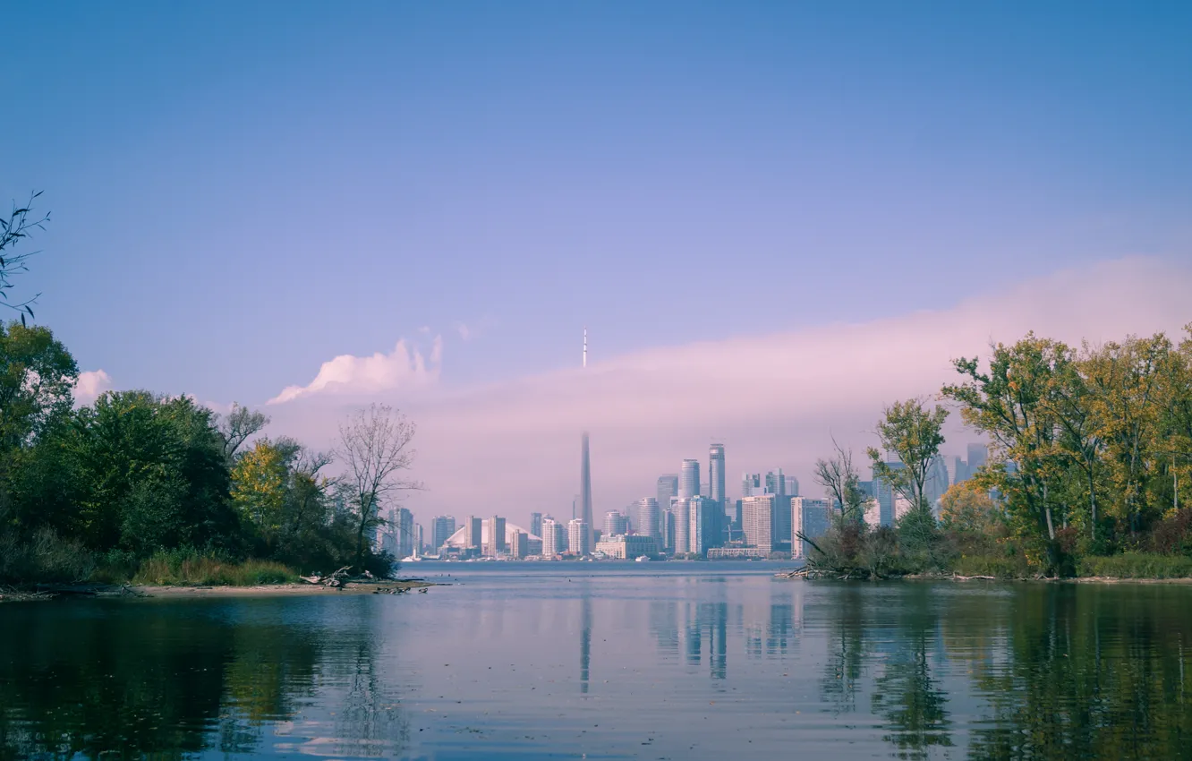 Photo wallpaper clouds, trees, lake, Park, tower, home, skyscrapers, Canada