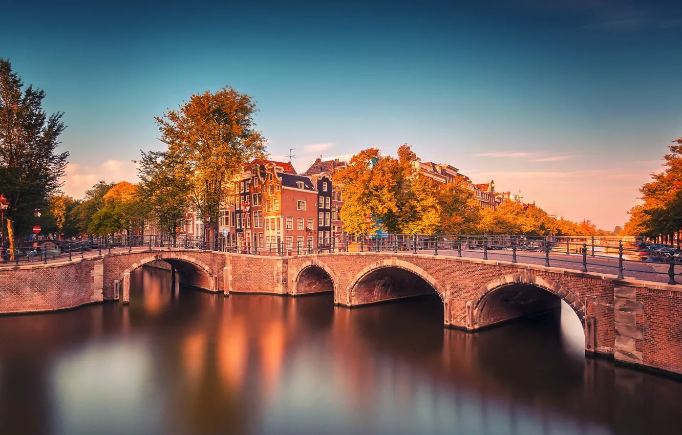 Photo wallpaper autumn, trees, bridge, the city, river, building, Amsterdam, channel